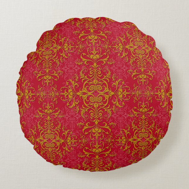 Elegant Gold and Deep Pink Floral Damask Pattern Round Cushion (Front)