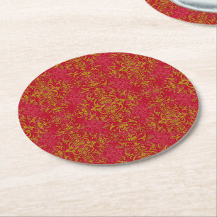 Elegant Gold and Deep Pink Floral Damask Pattern Round Paper Coaster