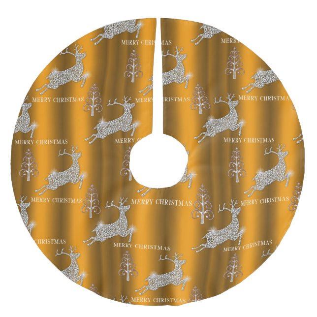 Elegant Gold and Diamond Reindeer Gold Christmas Brushed Polyester Tree Skirt (Front)
