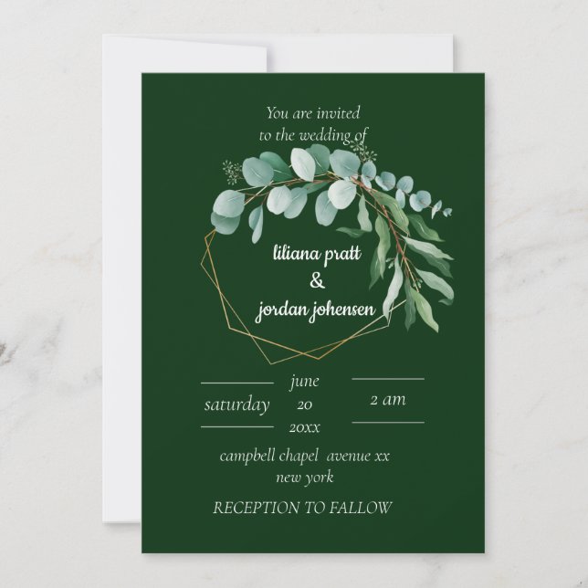 Elegant  gold and emerald green Eucalyptus wedding Invitation (Front)
