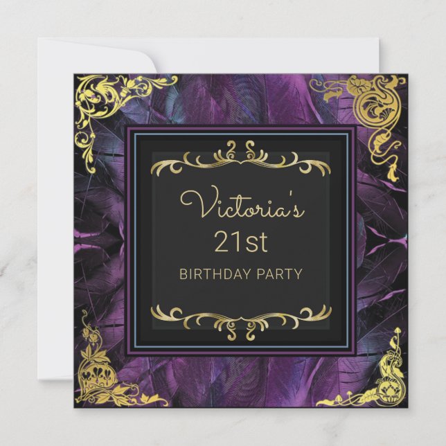 Elegant Gold and Feathers Birthday Invitation (Front)