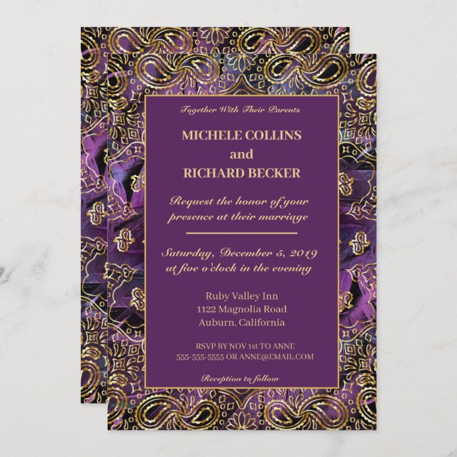 Elegant Gold and Feathers Invitation (Front/Back)