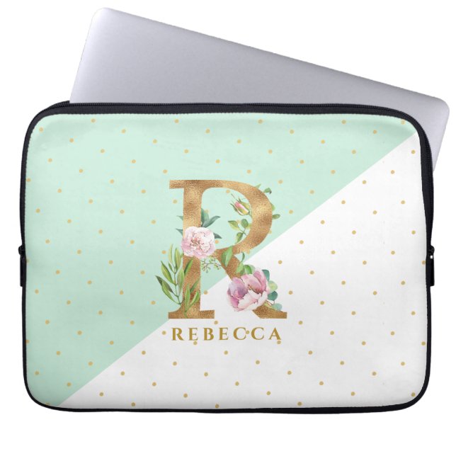 Elegant gold and flowers lettering R for Rebecca Laptop Sleeve (Front)