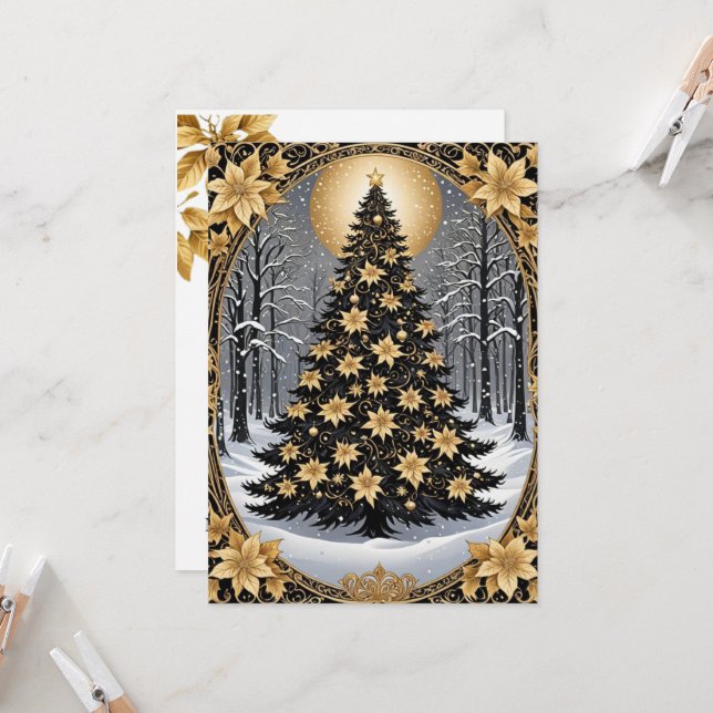 Elegant Gold and Green Christmas Tree Invitation (Front/Back In Situ)