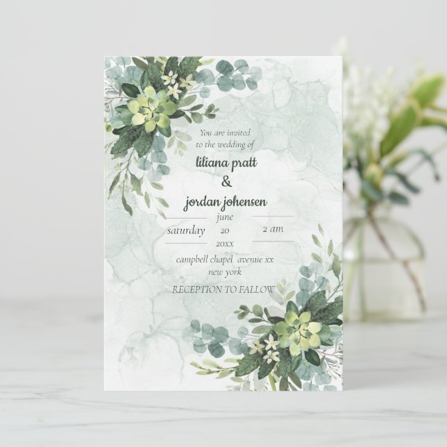 Elegant gold and green Eucalyptus Moss Sages  Invi Invitation (Standing Front)