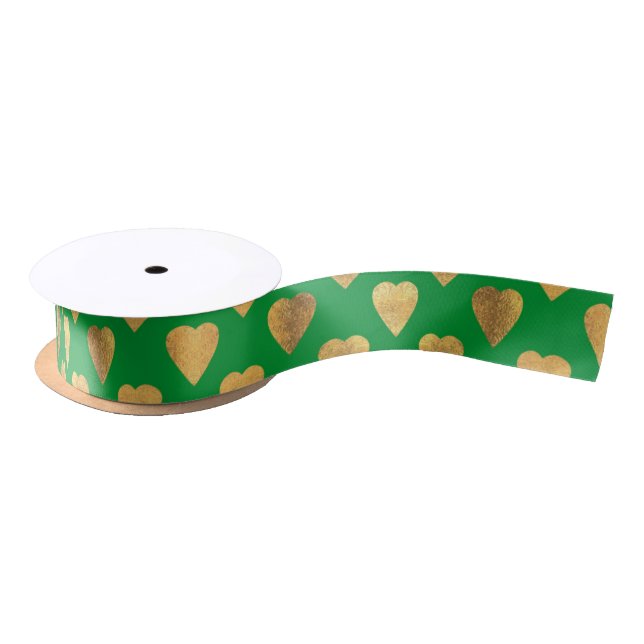Elegant Gold and Green Love Heart Pattern Satin Ribbon (Spool)