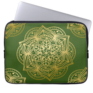 Elegant Gold and Green Mandala Pattern Laptop Sleeve