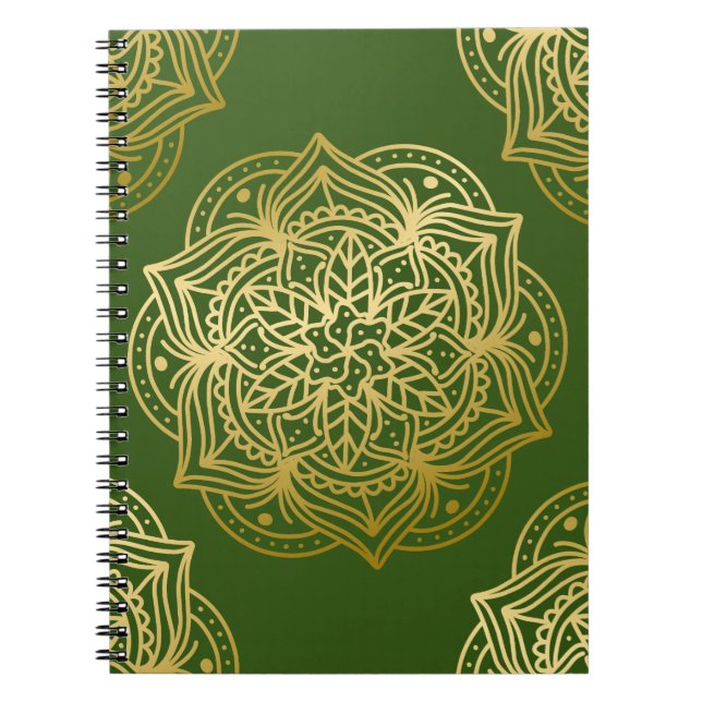 Elegant Gold and Green Mandala Pattern Notebook (Front)