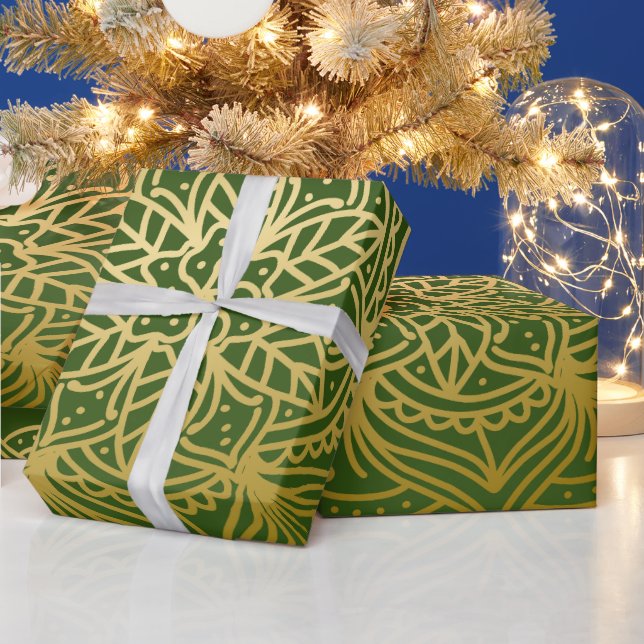 Elegant Gold and Green Mandala Pattern Wrapping Paper (Holidays)