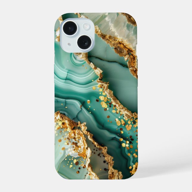 Elegant Gold And Green Marble iPhone 15 Case (Back)