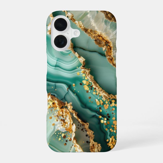 Elegant Gold And Green Marble iPhone 16 Case (Back)