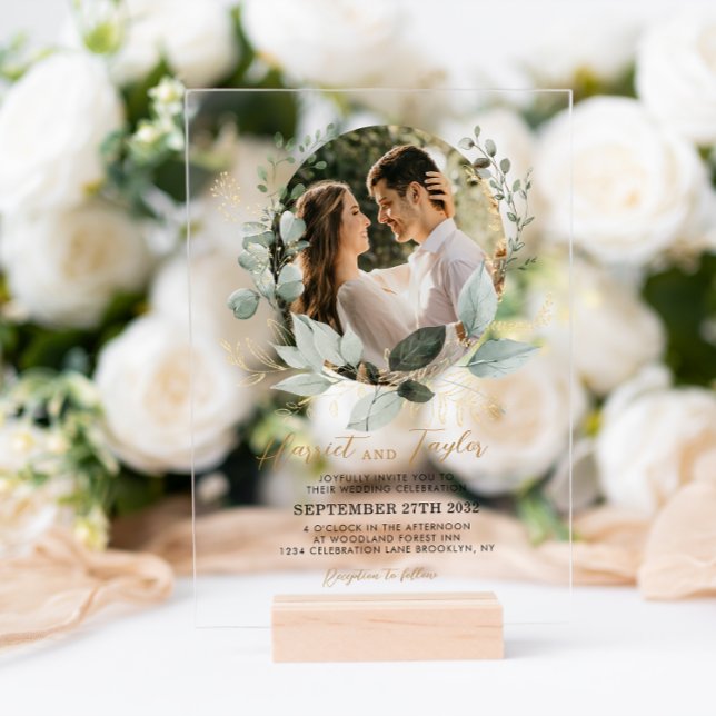 Elegant Gold and Greenery Eucalyptus Photo Wedding Acrylic Invitations (Creator Uploaded)