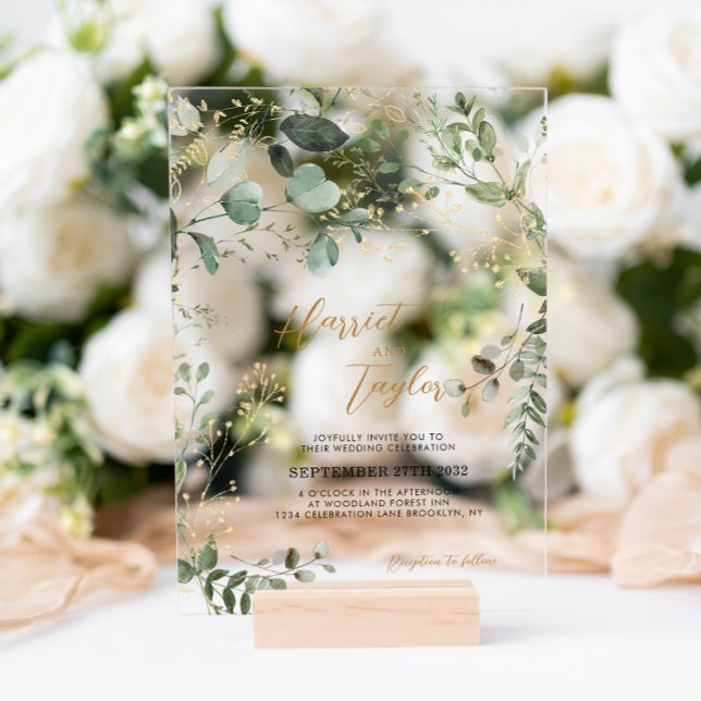 Elegant Gold and Greenery Eucalyptus Wedding Acrylic Invitations (Creator Uploaded)