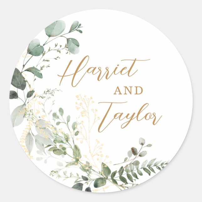 Elegant Gold and Greenery Eucalyptus Wedding Classic Round Sticker (Front)