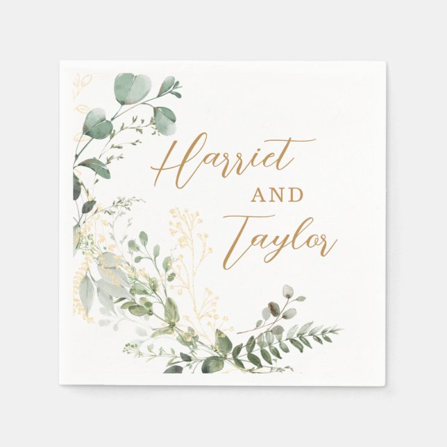 Elegant Gold and Greenery Eucalyptus Wedding Napkin (Front)