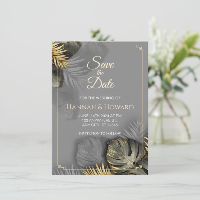 Elegant Gold and Grey Botanical, Tropical  Invitation (Standing Front)