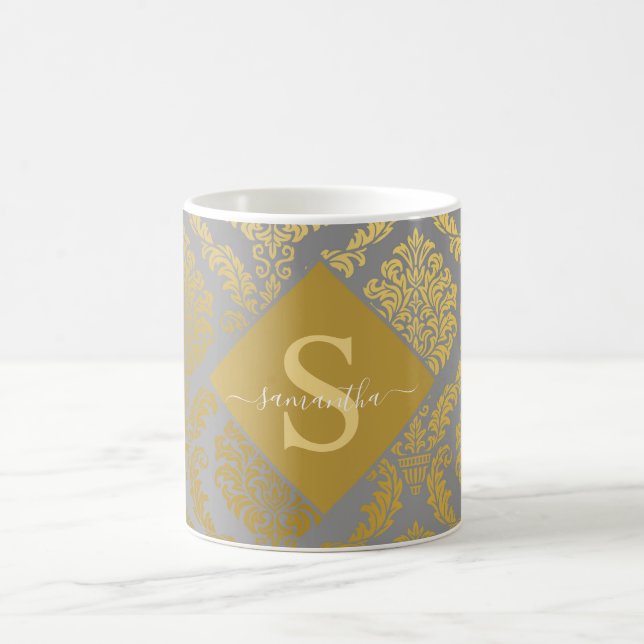 Elegant Gold and Grey Damask Personalised  Coffee Mug (Center)