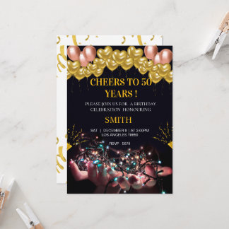 Elegant Gold and Heart Balloons 50th birthday Invitation