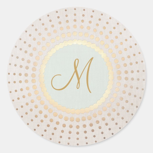 Elegant Gold and Light Blue Gold Monogram Classic Round Sticker (Front)
