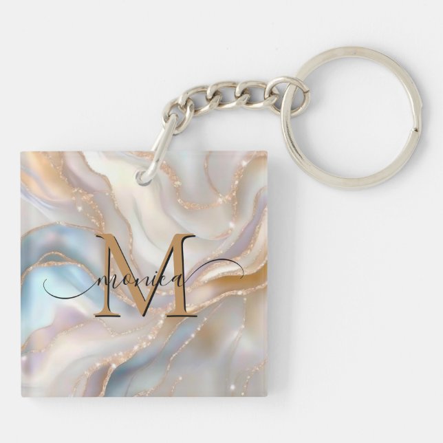  Elegant Gold and Nacre Monogram Name Personalized Key Ring (Back)
