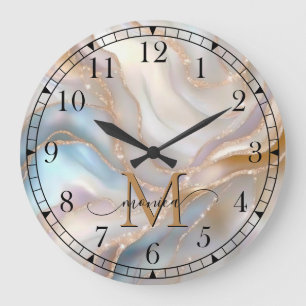 Elegant Gold and Nacre Monogram Name Personalized Large Clock
