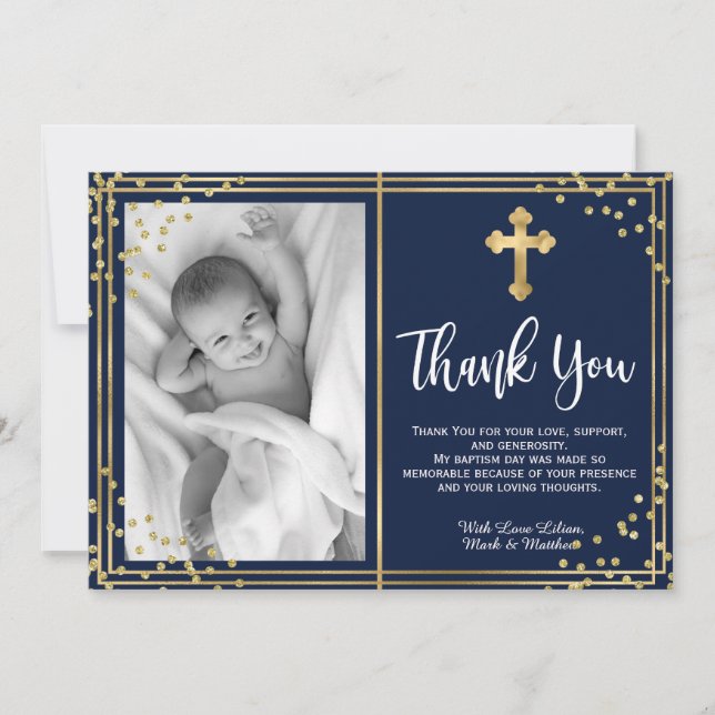 Elegant Gold and Navy Baptism Thank You Cards (Front)
