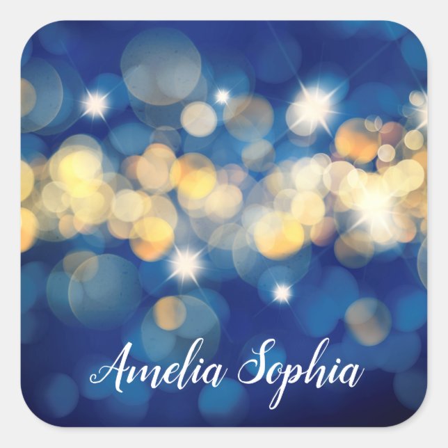 Elegant Gold and Navy Blue Bokeh Quinceañera Square Sticker (Front)