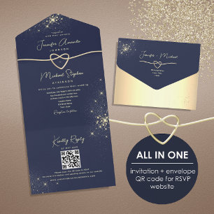 Elegant Gold and Navy Blue QR Code Wedding All In One Invitation