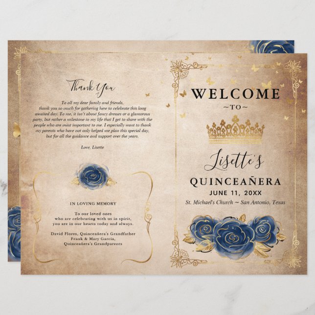 Elegant Gold and Navy Blue Quinceanera Program (Front/Back)