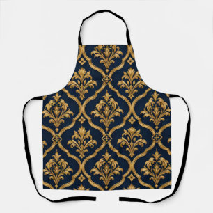Elegant Gold and Navy Damask Vintage Motif Design Apron