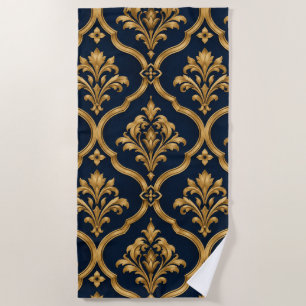 Elegant Gold and Navy Damask Vintage Motif Design Beach Towel