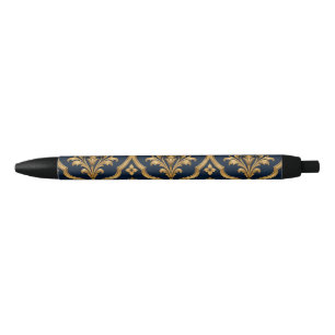 Elegant Gold and Navy Damask Vintage Motif Design Black Ink Pen