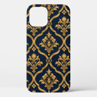 Elegant Gold and Navy Damask Vintage Motif Design