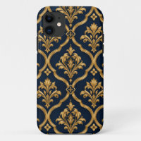 Elegant Gold and Navy Damask Vintage Motif Design