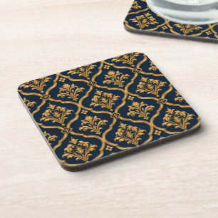Elegant Gold and Navy Damask Vintage Motif Design Coaster