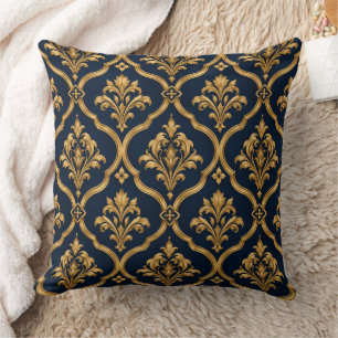 Elegant Gold and Navy Damask Vintage Motif Design Cushion
