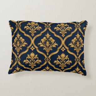 Elegant Gold and Navy Damask Vintage Motif Design Decorative Cushion