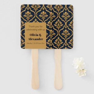 Elegant Gold and Navy Damask Vintage Motif Design Hand Fan