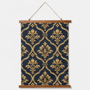 Elegant Gold and Navy Damask Vintage Motif Design Hanging Tapestry