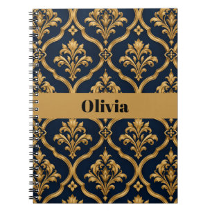 Elegant Gold and Navy Damask Vintage Motif Design Notebook