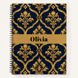 Elegant Gold and Navy Damask Vintage Motif Design Notebook