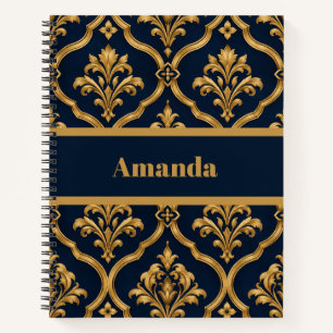 Elegant Gold and Navy Damask Vintage Motif Design Notebook