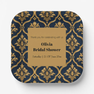 Elegant Gold and Navy Damask Vintage Motif Design Paper Plate