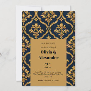 Elegant Gold and Navy Damask Vintage Motif Design Save The Date