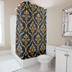 Elegant Gold and Navy Damask Vintage Motif Design Shower Curtain