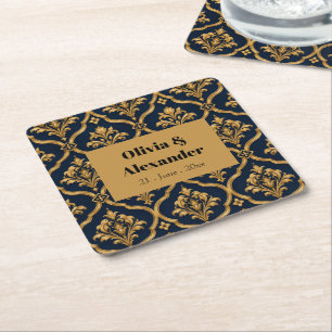 Elegant Gold and Navy Damask Vintage Motif Design Square Paper Coaster