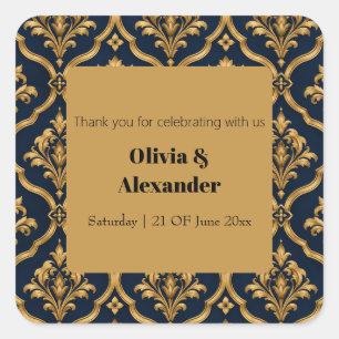 Elegant Gold and Navy Damask Vintage Motif Design Square Sticker