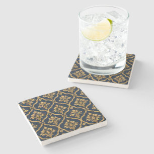 Elegant Gold and Navy Damask Vintage Motif Design Stone Coaster