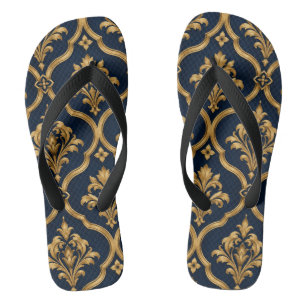 Elegant Gold and Navy Damask Vintage Motif Design Thongs