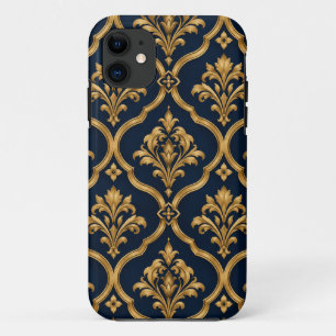 Elegant Gold and Navy Damask Vintage Motif Pattern iPhone 11 Case